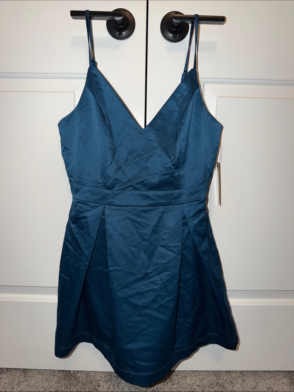 Lulu's Teal Satin Spaghetti Strap Dress